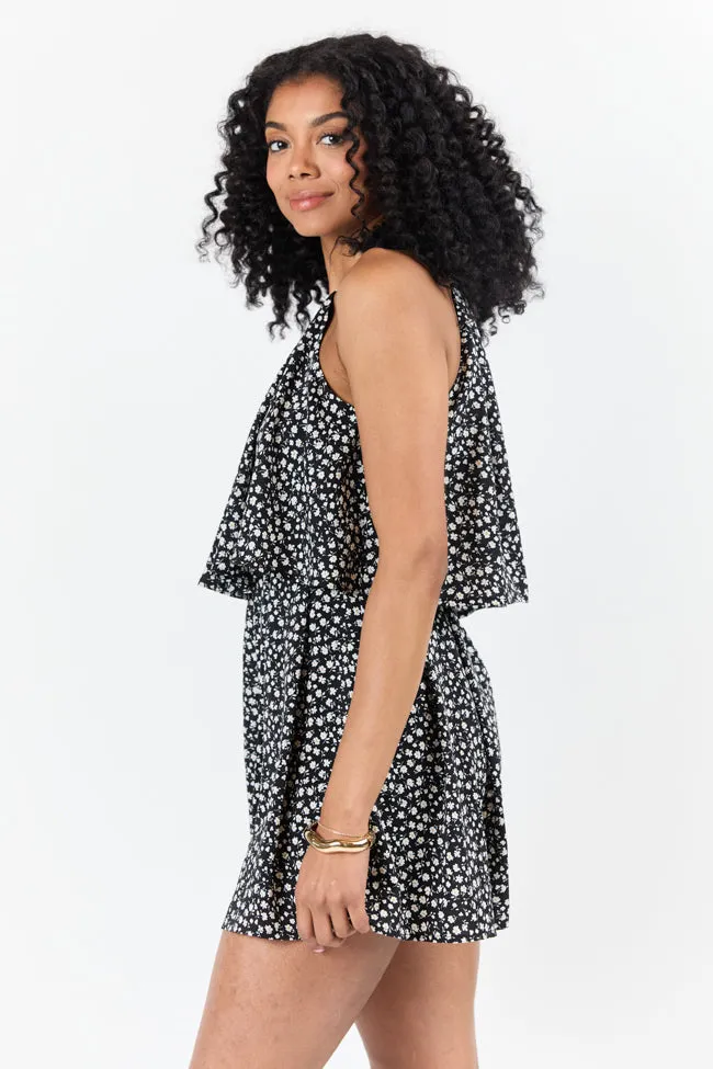 Spotlight Moment Black and White Daisy Print Halter Neck Romper