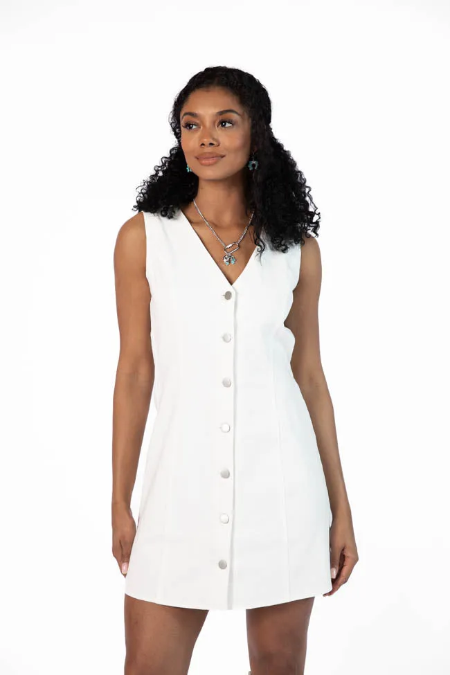 Strike A Chord White Denim Button Front Dress