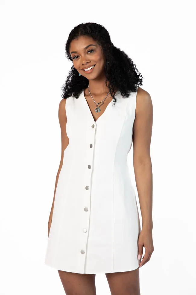 Strike A Chord White Denim Button Front Dress
