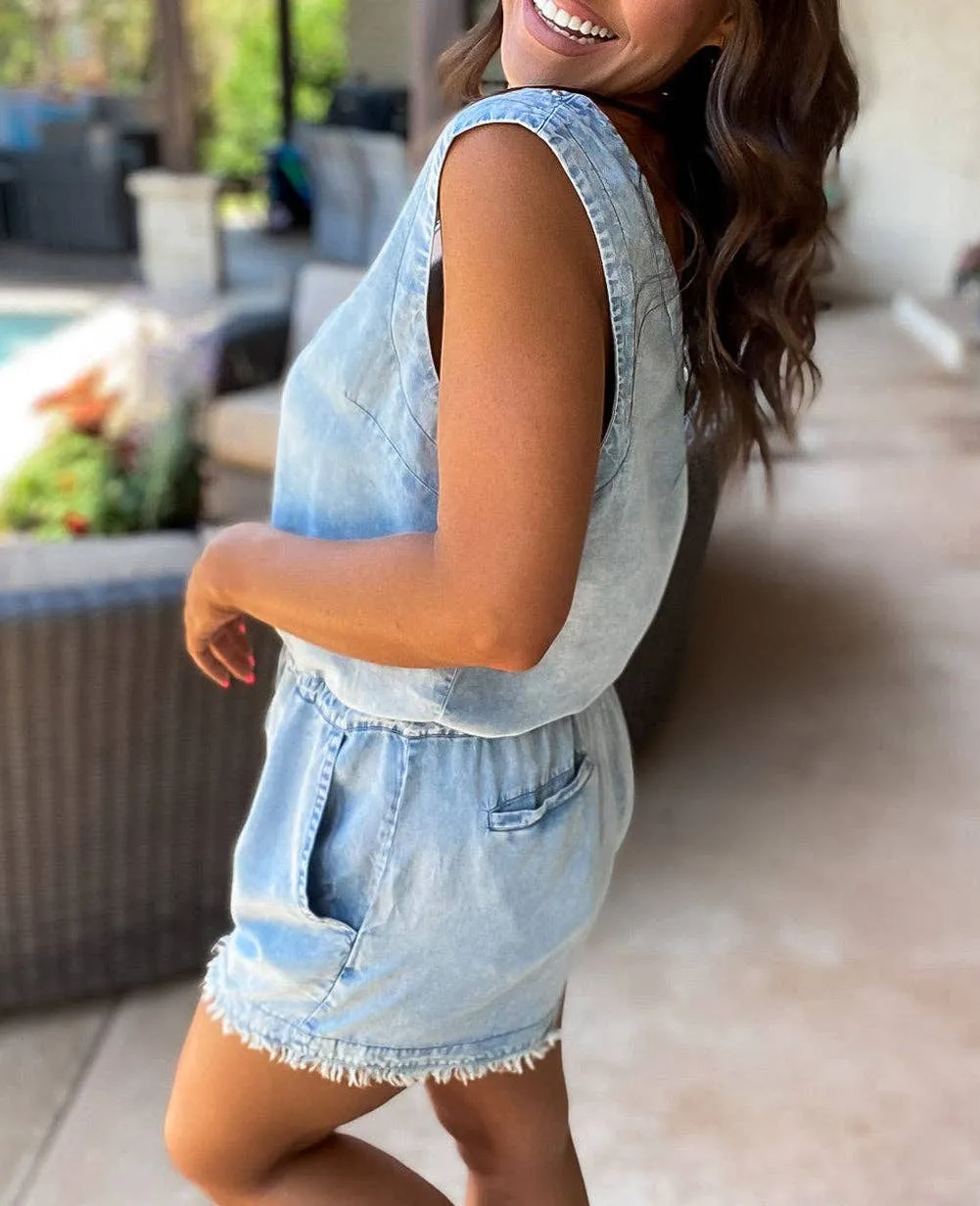Studded V Neck Raw Hem Sleeveless Denim Romper