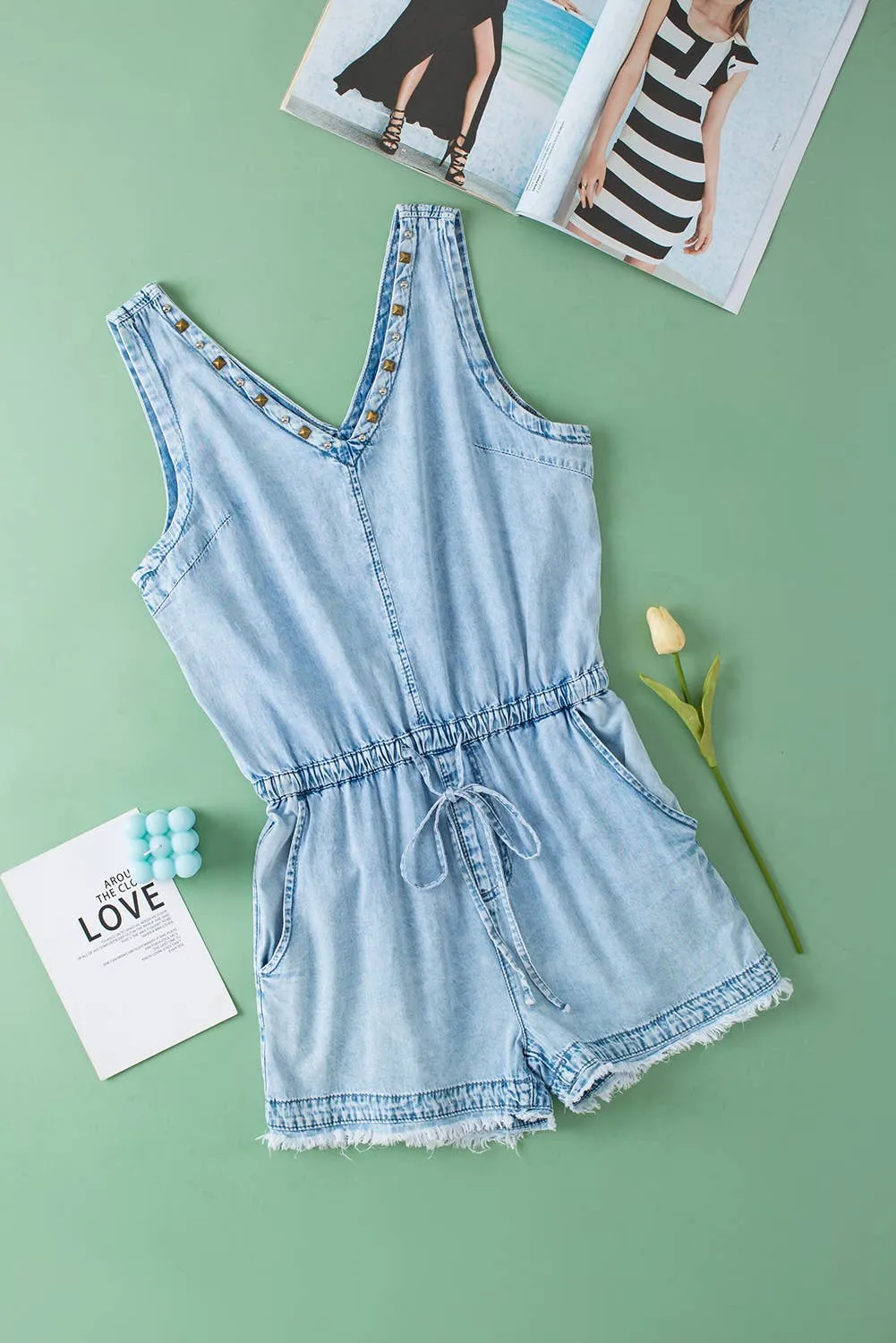 Studded V Neck Raw Hem Sleeveless Denim Romper