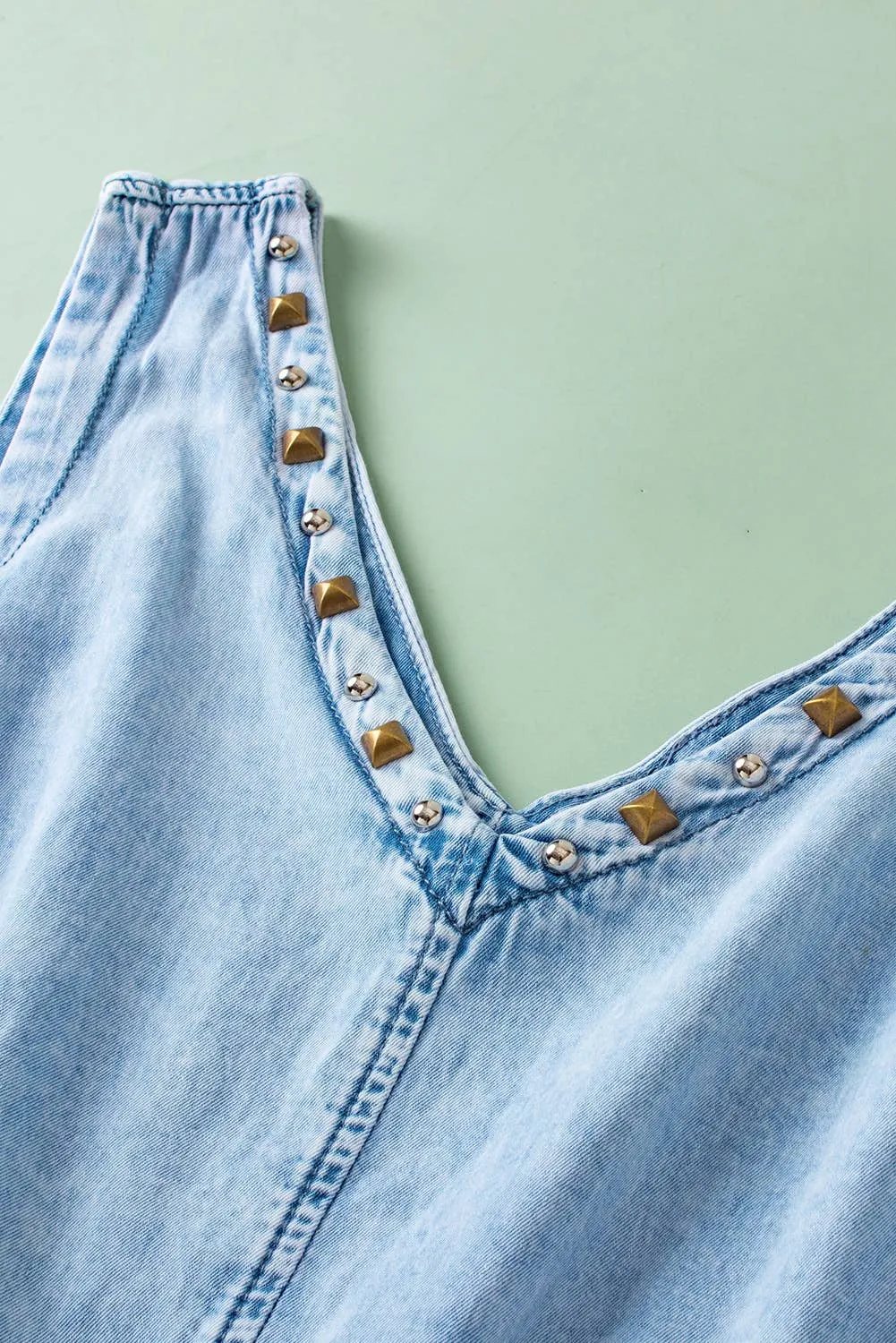 Studded V Neck Raw Hem Sleeveless Denim Romper
