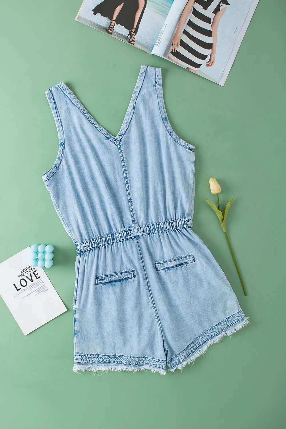 Studded V Neck Raw Hem Sleeveless Denim Romper