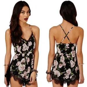 Summer Sexy Lace Halter V Neck Floral Playsuit Shorts Rompers Womens Bodysuit Overall Jumpsuits