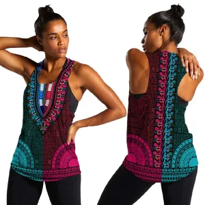 Teal-pink Dashiki and Tapa Pattern Women Racerback Tank Africa-Polynesia Together Culture LT9