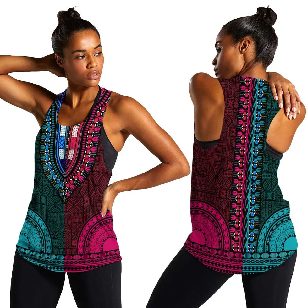 Teal-pink Dashiki and Tapa Pattern Women Racerback Tank Africa-Polynesia Together Culture LT9
