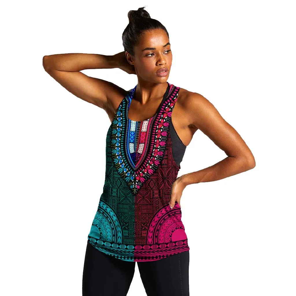 Teal-pink Dashiki and Tapa Pattern Women Racerback Tank Africa-Polynesia Together Culture LT9