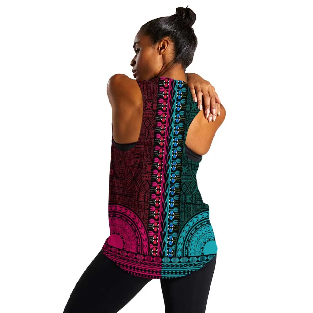 Teal-pink Dashiki and Tapa Pattern Women Racerback Tank Africa-Polynesia Together Culture LT9