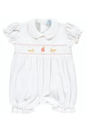 The Flopsy Bunnies White & Pink Polka Dot Smocked Romper