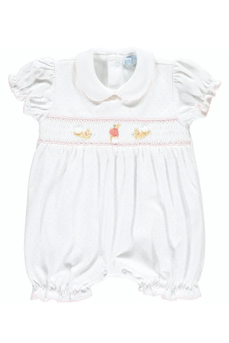The Flopsy Bunnies White & Pink Polka Dot Smocked Romper