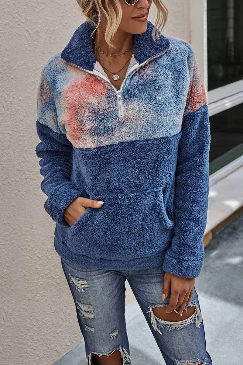 Tie-dye Stitching Plush Top With Pockets