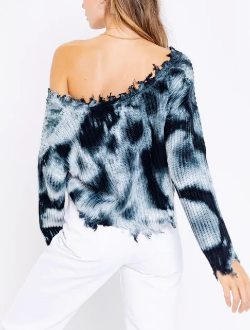 Tie Dye V Neck Distressed Long Sleeve Sweater