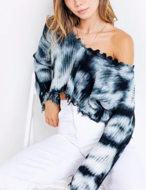 Tie Dye V Neck Distressed Long Sleeve Sweater