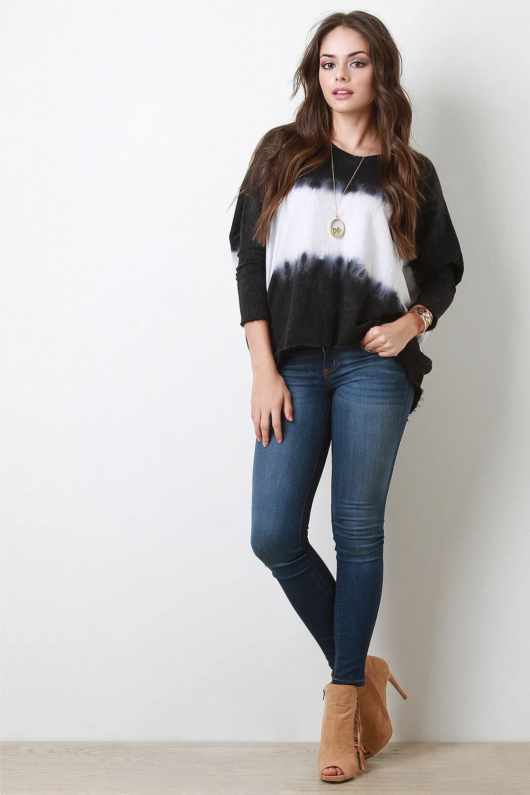 Tie Dye V-Neck Raw Hem Dolman Sleeves Top
