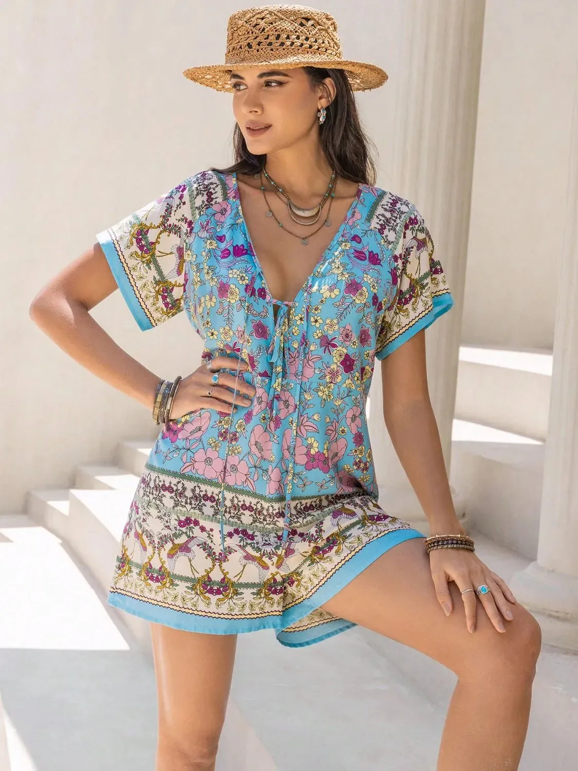 Tied Front Printed Short Sleeve Romper