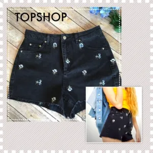 TOPSHOP High Waisted Embroidered Floral Shorts Distressed Black Denim NWT