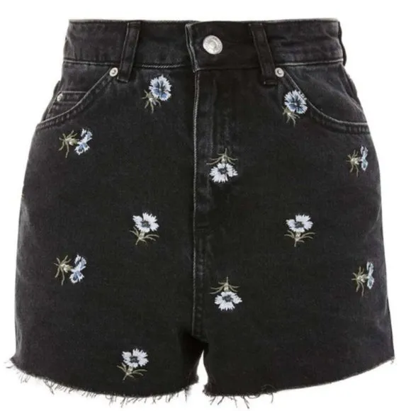 TOPSHOP High Waisted Embroidered Floral Shorts Distressed Black Denim NWT