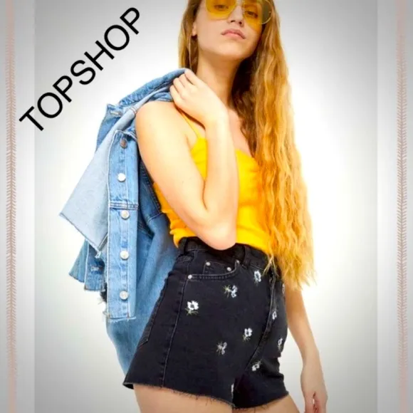 TOPSHOP High Waisted Embroidered Floral Shorts Distressed Black Denim NWT