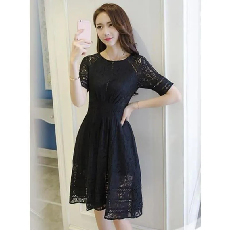 Tunic Flora  Cotton Hollow Embroidery Short Sleeve Midi Dress