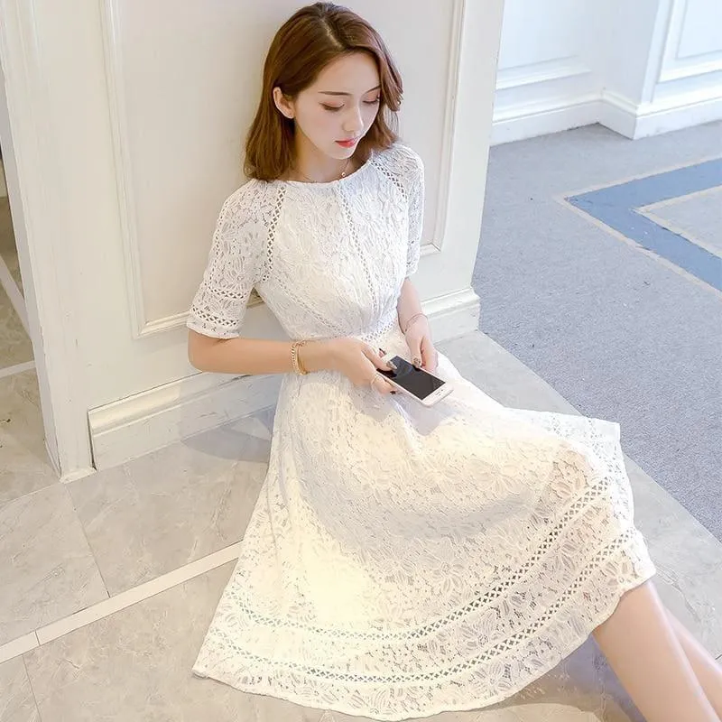 Tunic Flora  Cotton Hollow Embroidery Short Sleeve Midi Dress