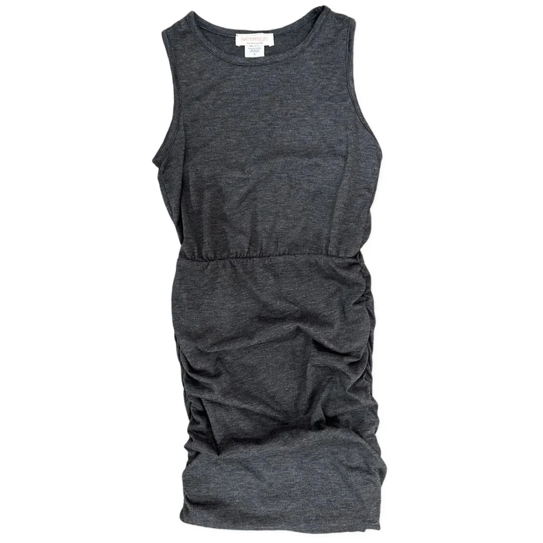 Tweenstyle Solid Jersey Racerback Ruched Dress in Charcoal