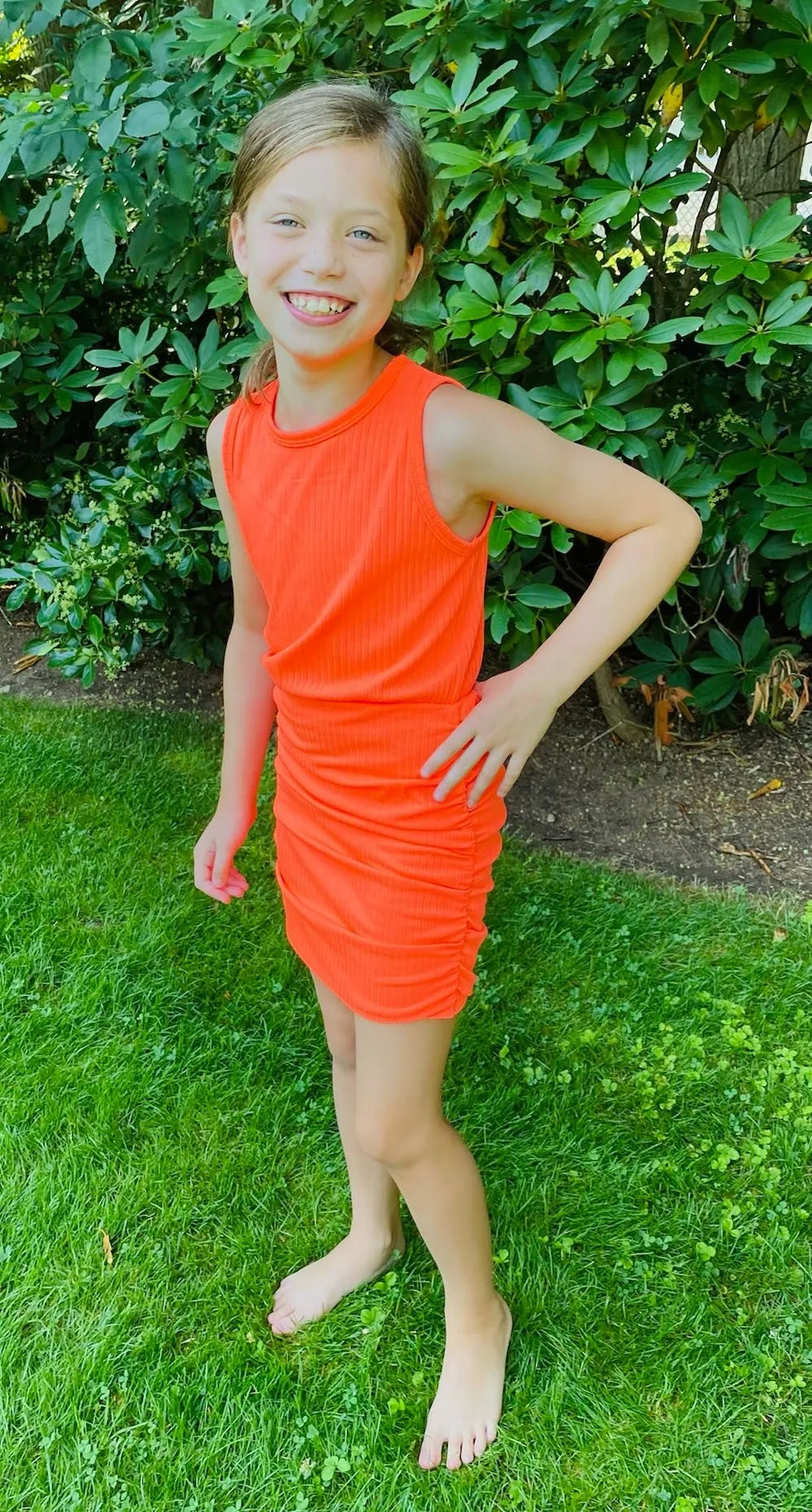 Tweenstyle Solid Jersey Racerback Ruched Dress in Neon Coral