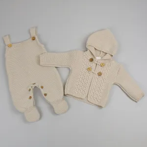 Unisex Baby Knitted Dungarees & Cardigan - Beige