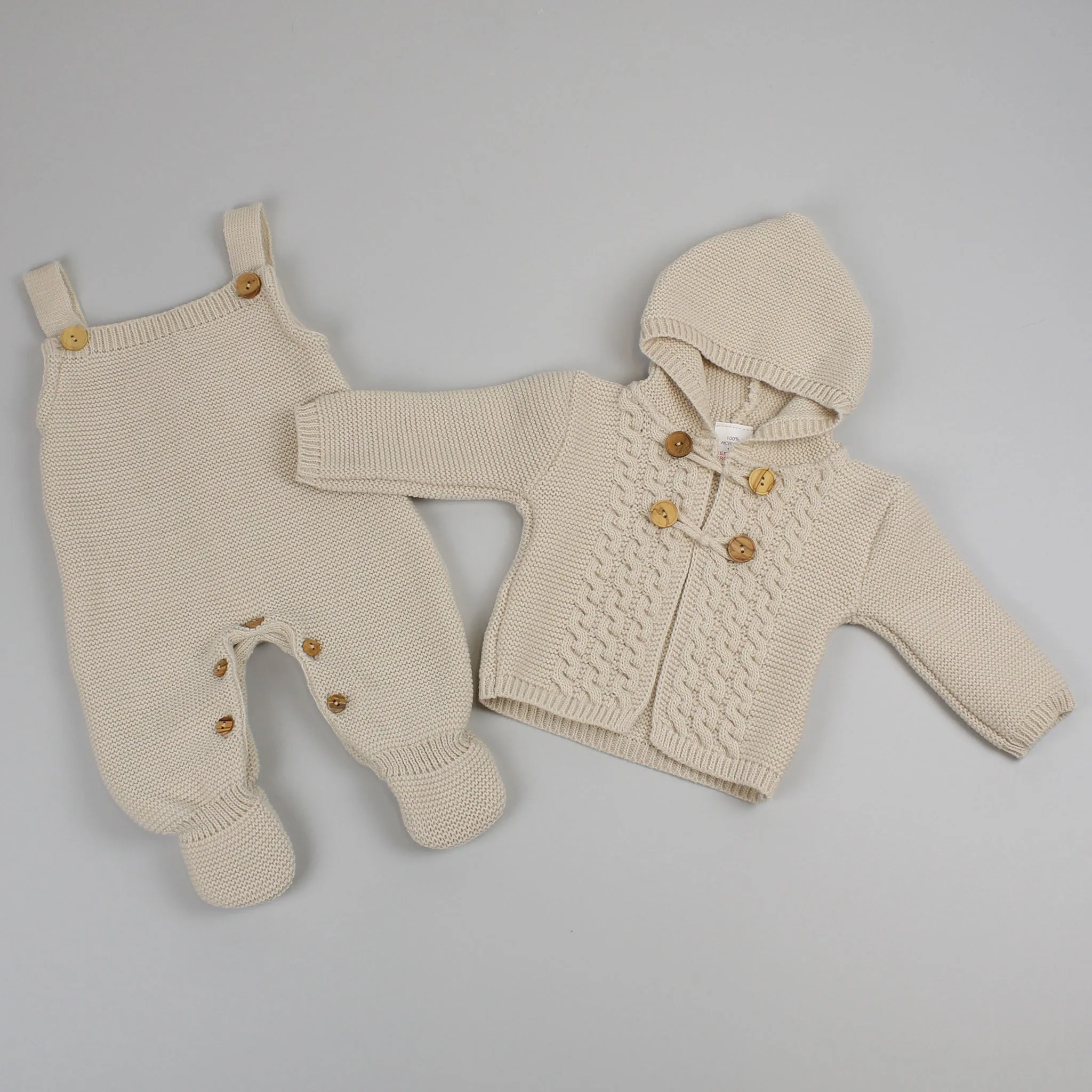 Unisex Baby Knitted Dungarees & Cardigan - Beige