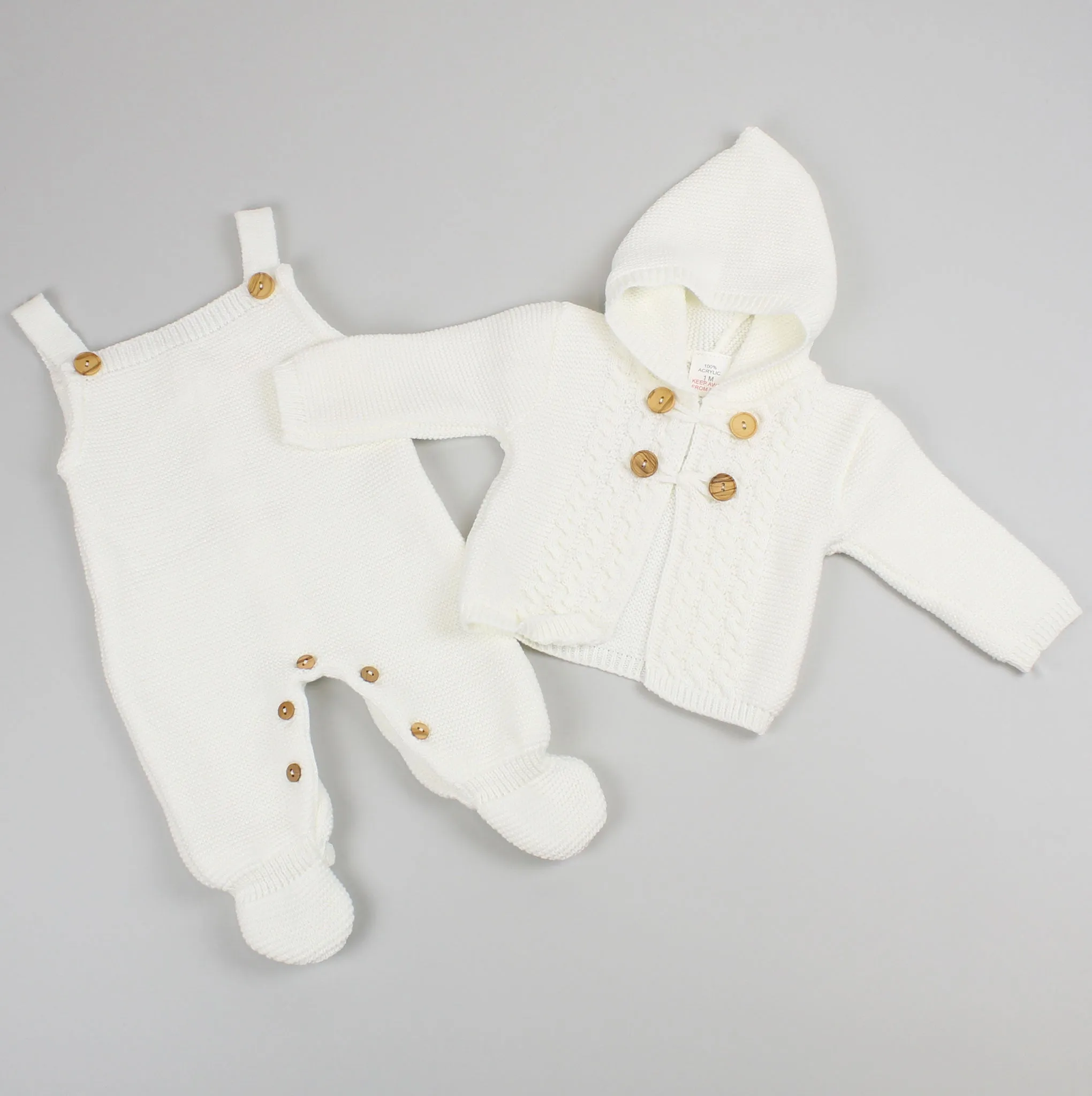 Unisex Baby Knitted Dungarees & Cardigan - White