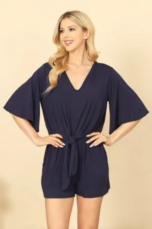V-NECK BELL SLEEVE FRONT TIE SOLID ROMPER