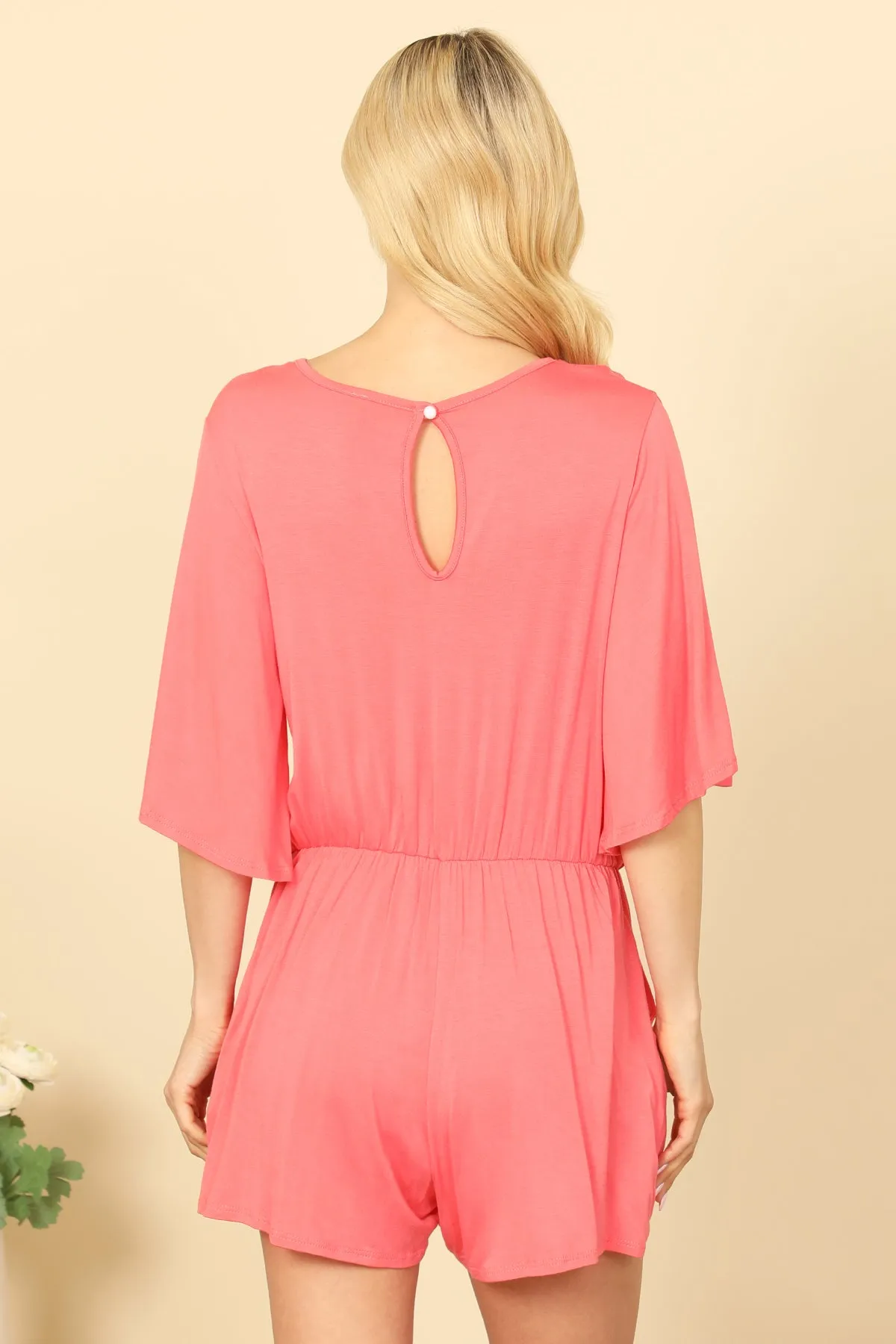 V-NECK BELL SLEEVE FRONT TIE SOLID ROMPER