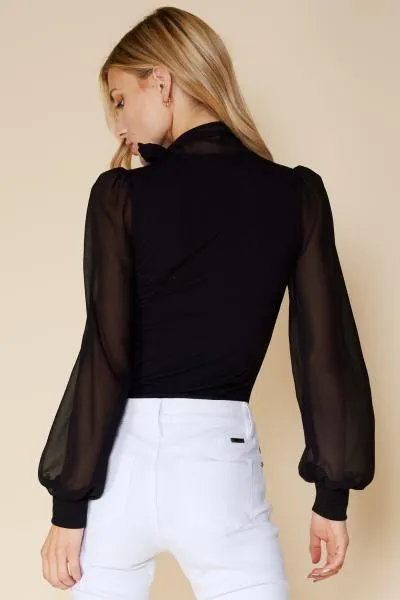 V-Neck Bodysuit with Chiffon Sleeves and Neck Tie - Black -