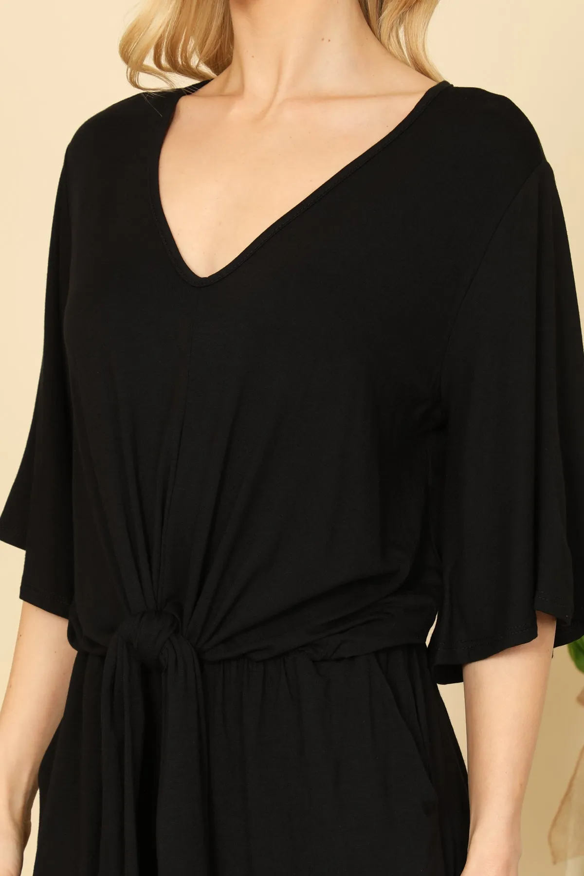 V-NECK HALF SLEEVE WAIST TIE SOLID ROMPER