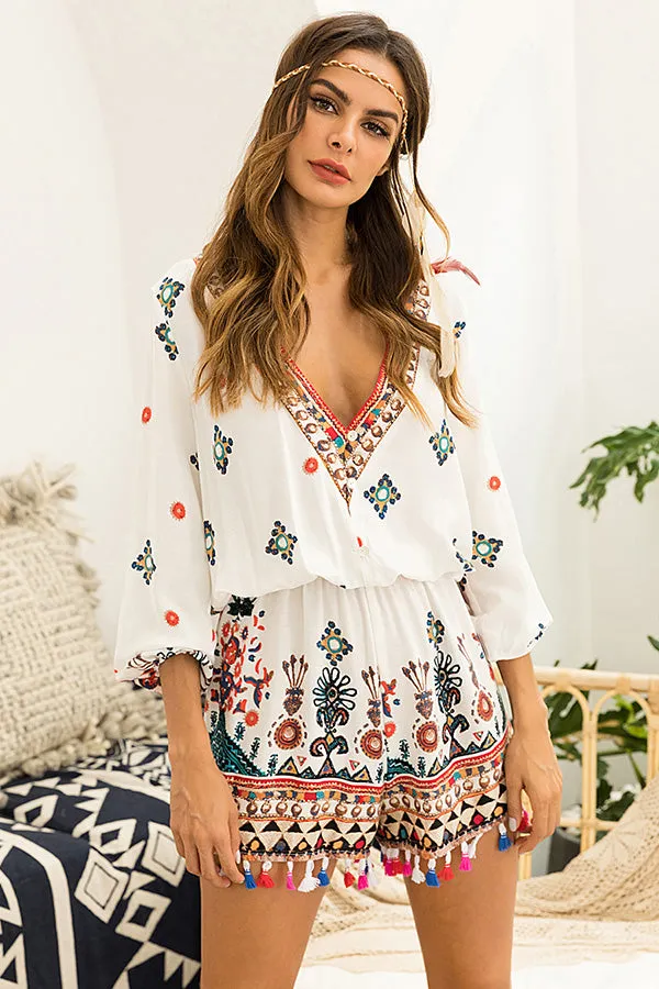 V-neck Printing Seven-quarter Sleeve Rompers