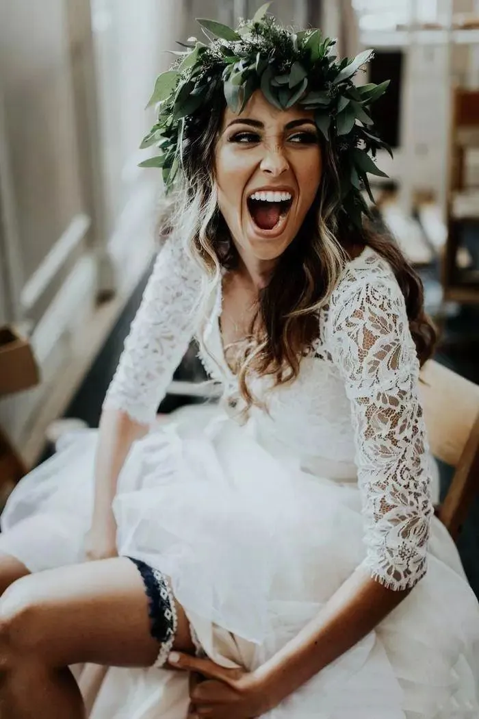 V-neck Two Piece Floor-length Sweep Brush Train 3-4 Length Sleeve Lace Wedding Dress with Illusion Back-715569
