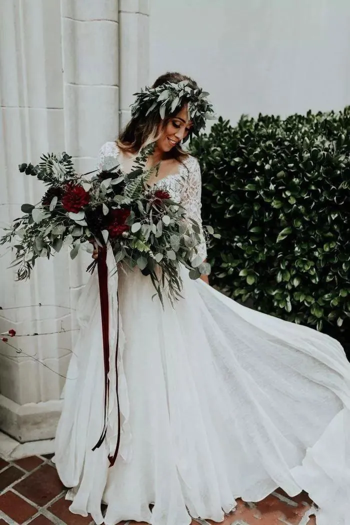 V-neck Two Piece Floor-length Sweep Brush Train 3-4 Length Sleeve Lace Wedding Dress with Illusion Back-715569