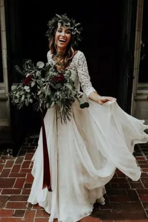 V-neck Two Piece Floor-length Sweep Brush Train 3-4 Length Sleeve Lace Wedding Dress with Illusion Back-715569