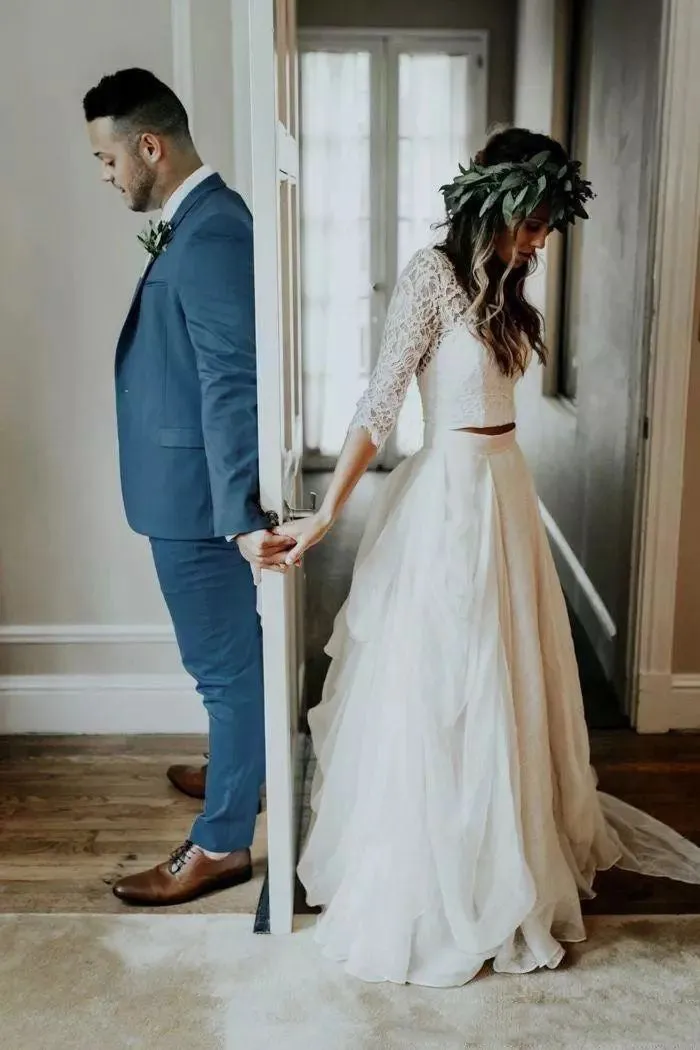 V-neck Two Piece Floor-length Sweep Brush Train 3-4 Length Sleeve Lace Wedding Dress with Illusion Back-715569