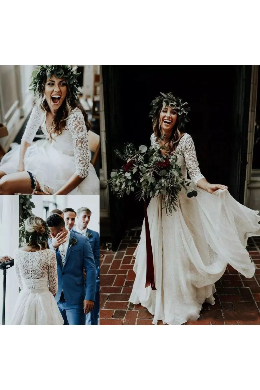 V-neck Two Piece Floor-length Sweep Brush Train 3-4 Length Sleeve Lace Wedding Dress with Illusion Back-715569