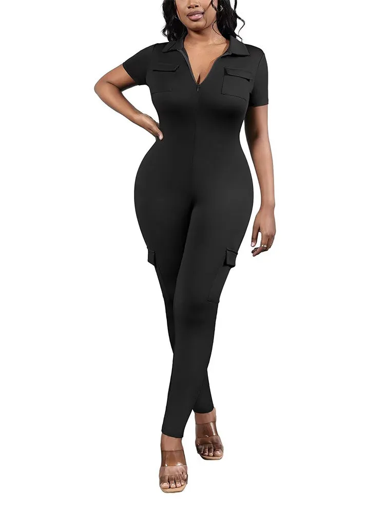 V-Neck Zipper Front Jumpsuit