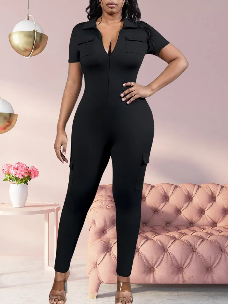 V-Neck Zipper Front Jumpsuit