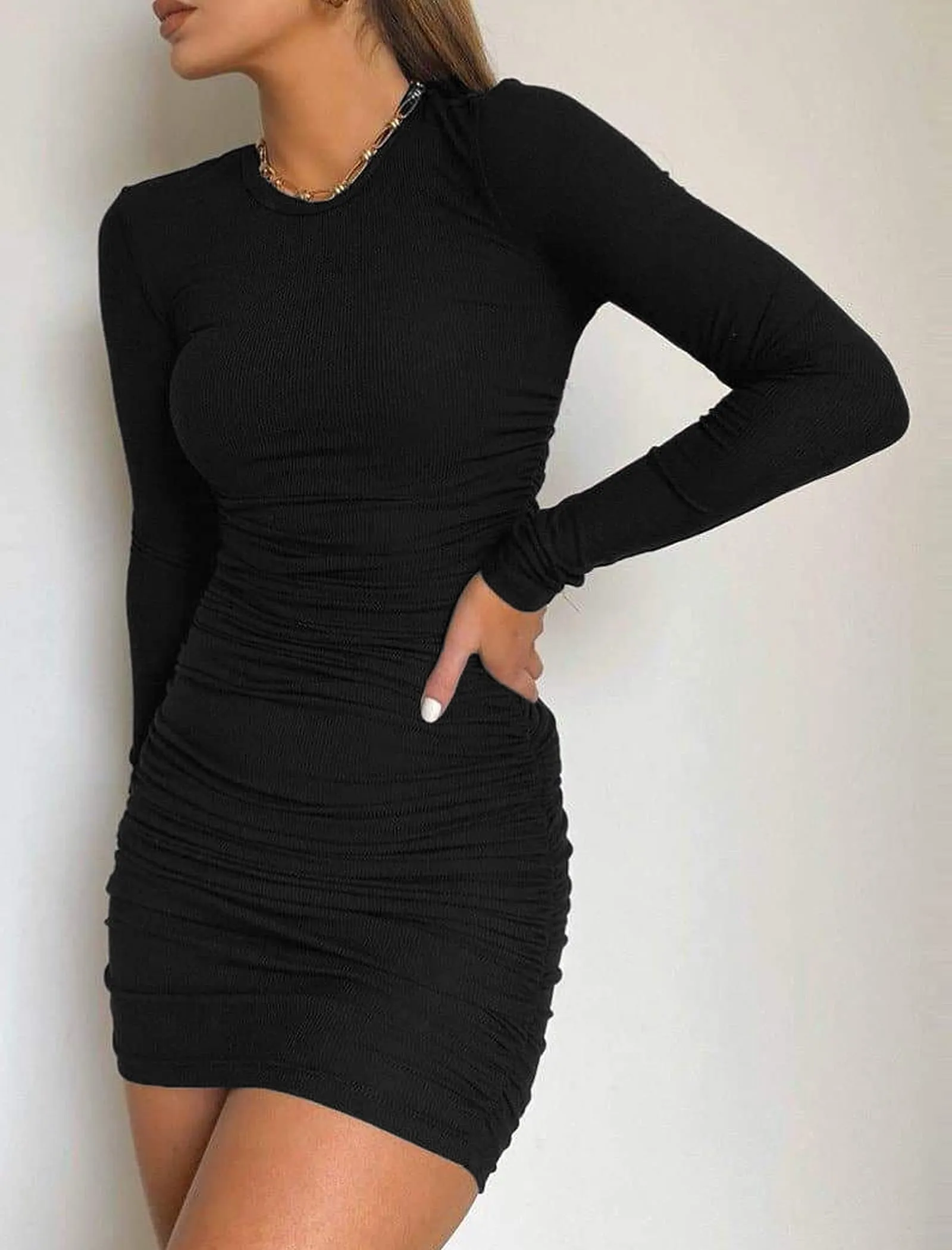 Valiamcep Women Sexy Casual Ribbed Short Mini Dress Long Sleeve Bodycon Fall Dresses Black