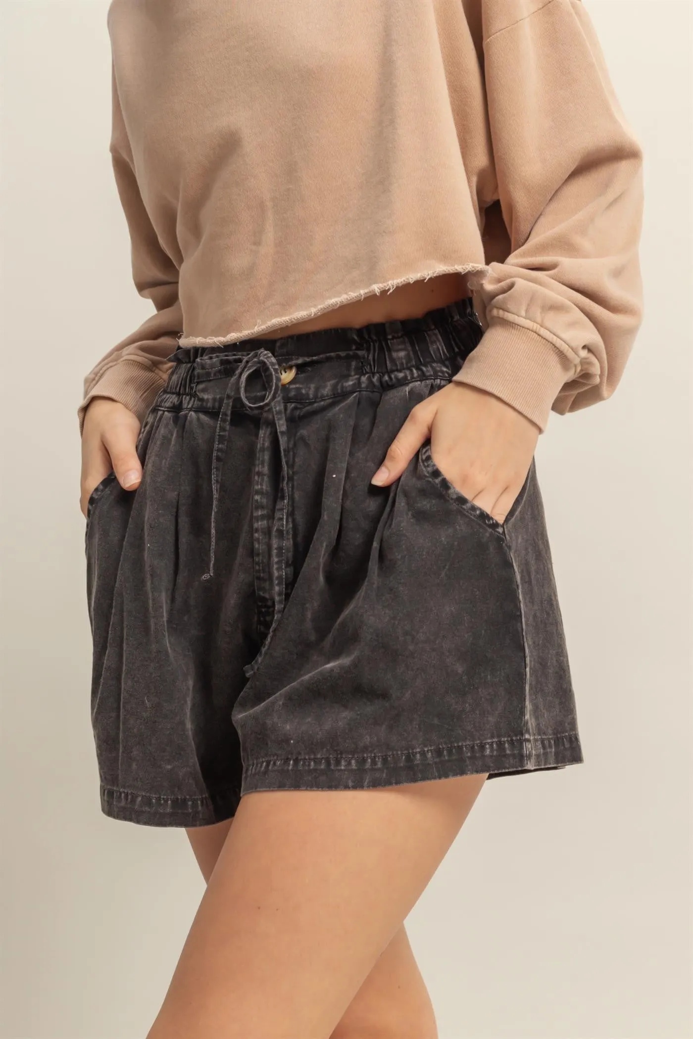 Washed Black Drawstring Shorts