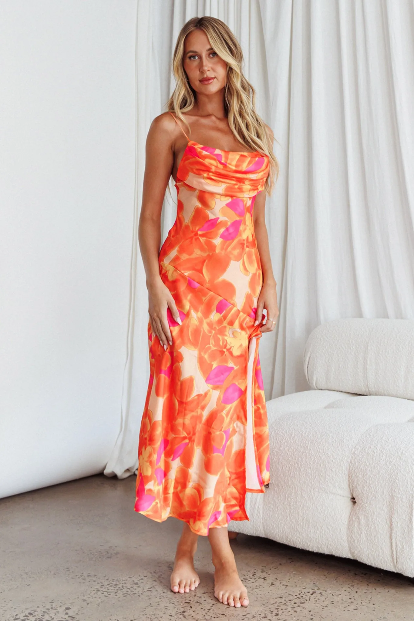 Well Versed Pleated Bust Front Split Dress Flora Orange