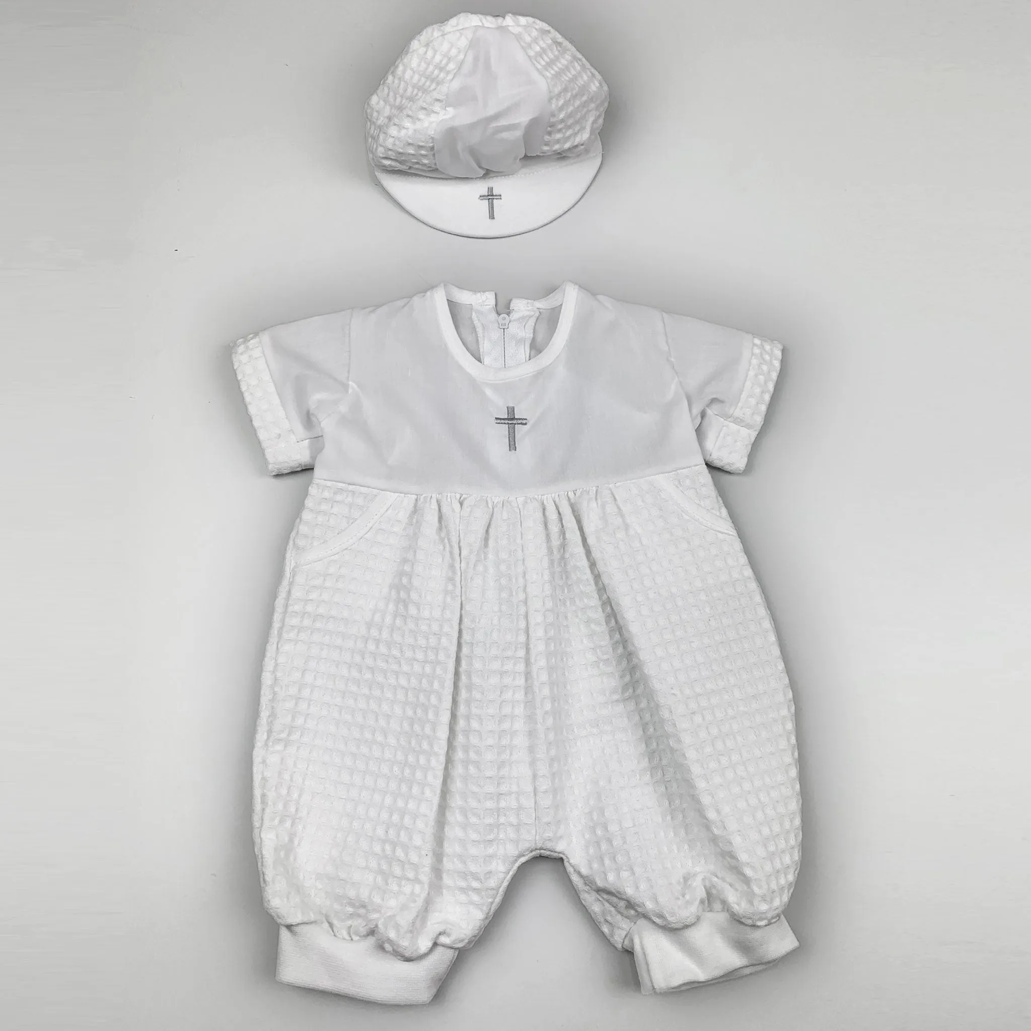 White Christening  Romper with Hat - Baby Boy