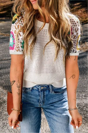 White Crochet Sleeve Hollow-out Knit Sweater Tee