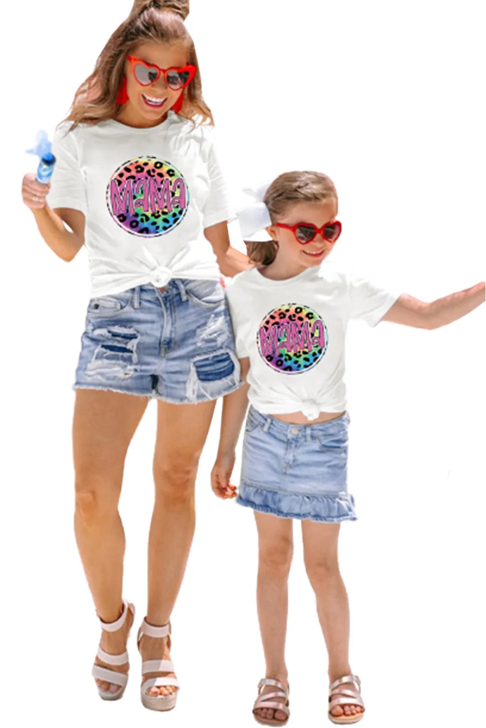 White Girl's MAMA Leopard Circle Print T Shirt