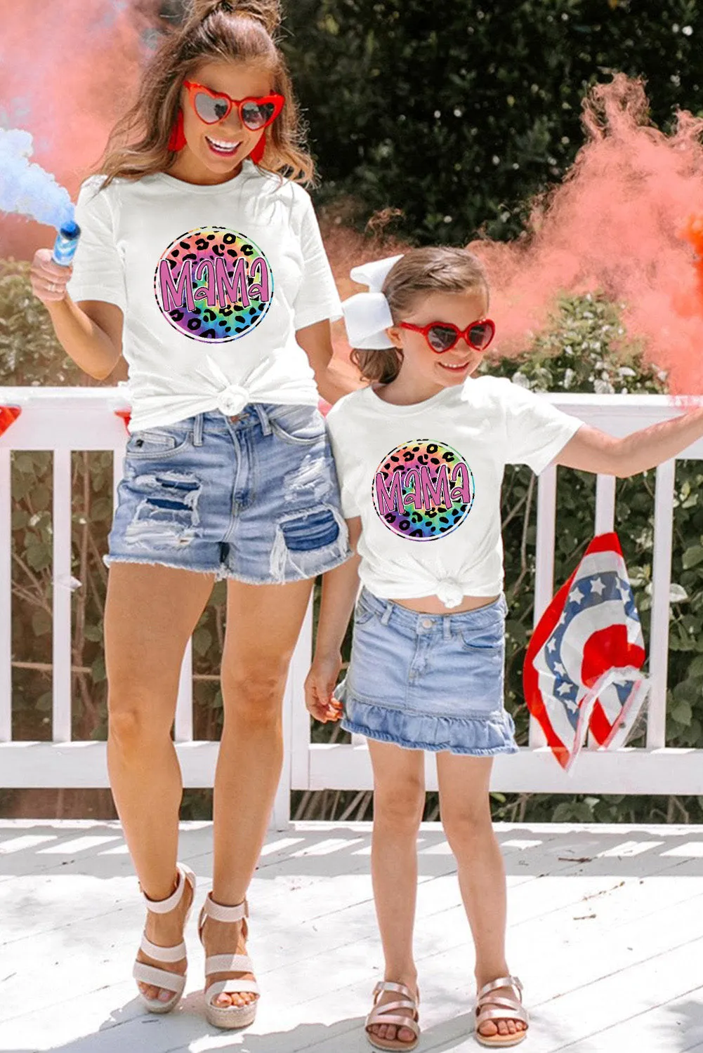 White Girl's MAMA Leopard Circle Print T Shirt