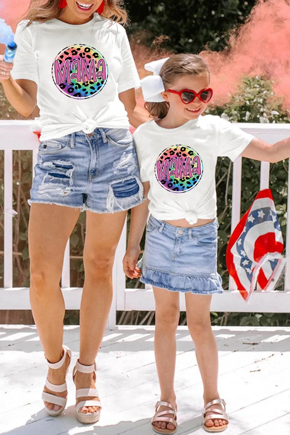 White Girl's MAMA Leopard Circle Print T Shirt