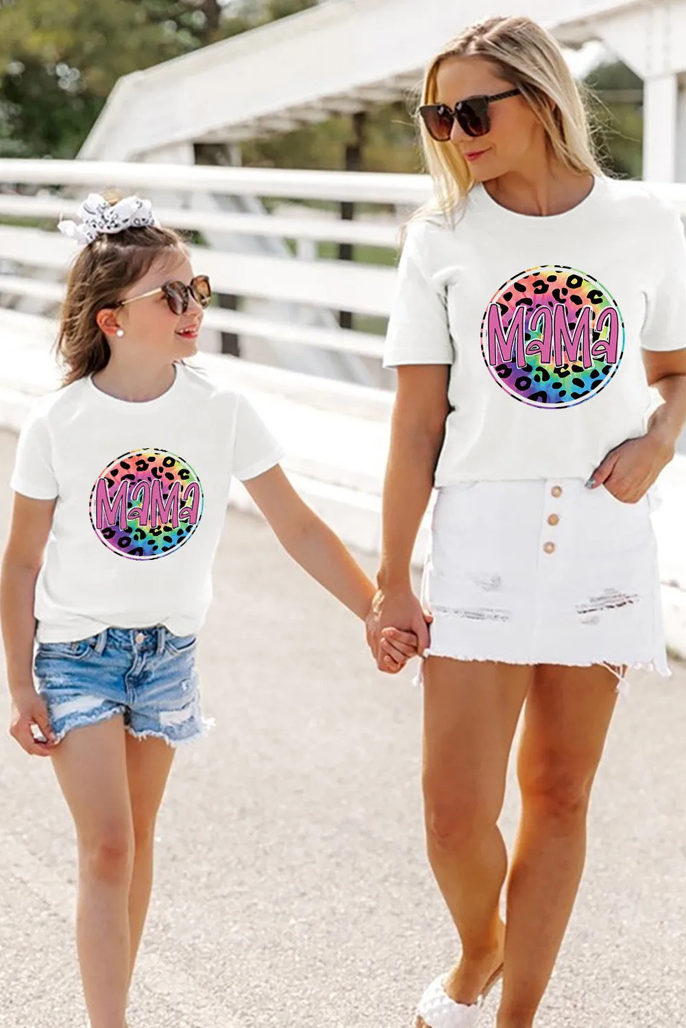 White Girl's MAMA Leopard Circle Print T Shirt